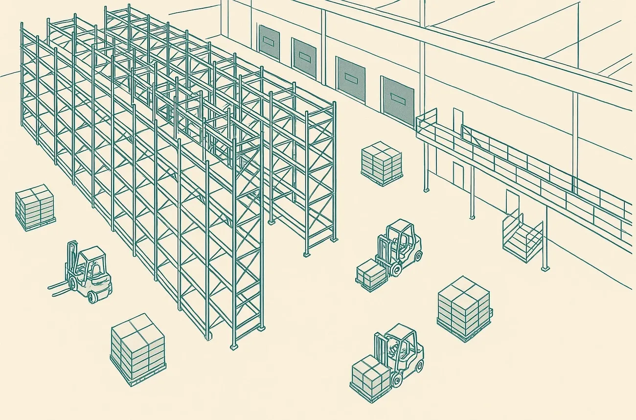 Angled line drawing of a distribution center interior with pallet racking, dock doors and forklifts.